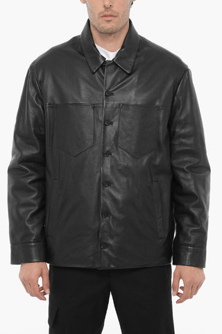 Slim Fit Leather and Fabric Overshirt with Double Breast Pocket