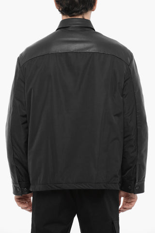 Slim Fit Leather and Fabric Overshirt with Double Breast Pocket