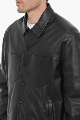 Slim Fit Leather and Fabric Overshirt with Double Breast Pocket