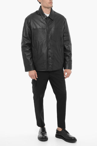Slim Fit Leather and Fabric Overshirt with Double Breast Pocket