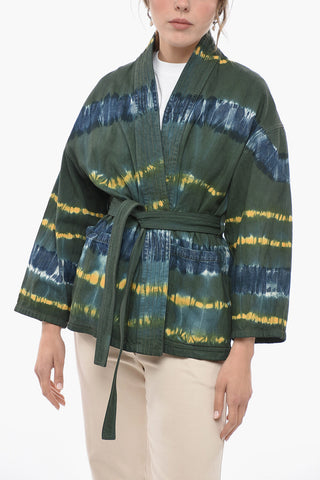 Shawl Lapel Tie Dye Denim Jacket with Belt