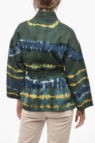 Shawl Lapel Tie Dye Denim Jacket with Belt