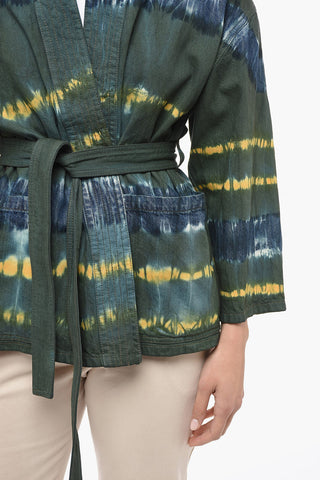 Shawl Lapel Tie Dye Denim Jacket with Belt