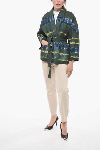 Shawl Lapel Tie Dye Denim Jacket with Belt