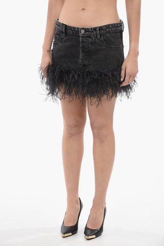 Denim Miniskirt with Ostrich Feathered Bottom