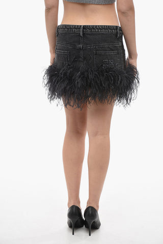 Denim Miniskirt with Ostrich Feathered Bottom
