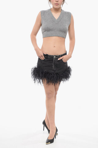 Denim Miniskirt with Ostrich Feathered Bottom