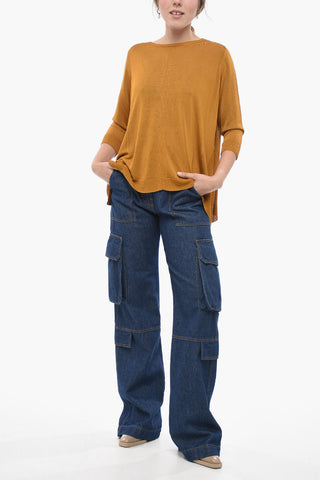 Solid Color Crew-neck Sweater with Side Slits