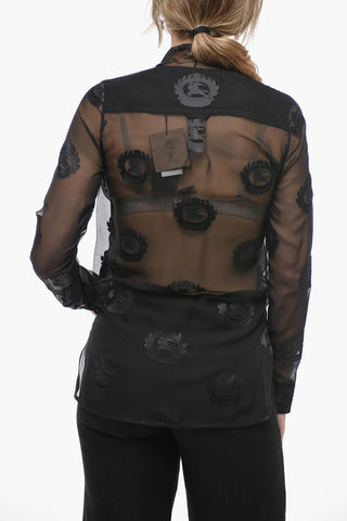 Tie Neck Jacquard Silk Blend Shirt