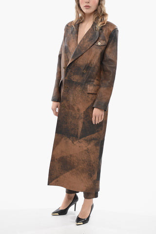 Double-breasted Leather Coat with Peak Lapel