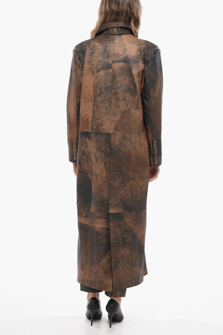 Double-breasted Leather Coat with Peak Lapel