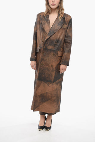 Double-breasted Leather Coat with Peak Lapel
