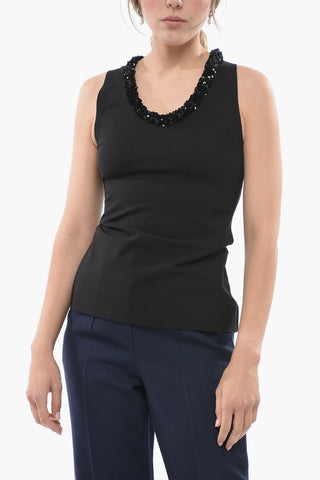Viscose Blend Tank Top with Sequined Neckline