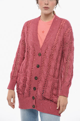 Sequined Flax Blend Crochet Cardigan