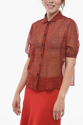 Short-sleeved Silk Chiffon Shirt with Animal Pattern