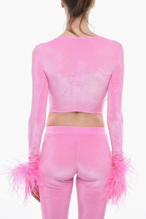 Bustier-Top aus Chenille mit Federbesatz am Ärmel
