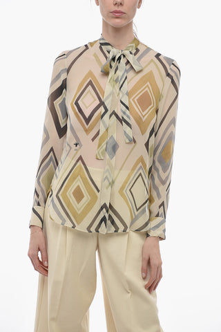 Camicia Tie Neck in Seta con Motivo Geometrico