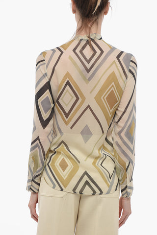 Camicia Tie Neck in Seta con Motivo Geometrico