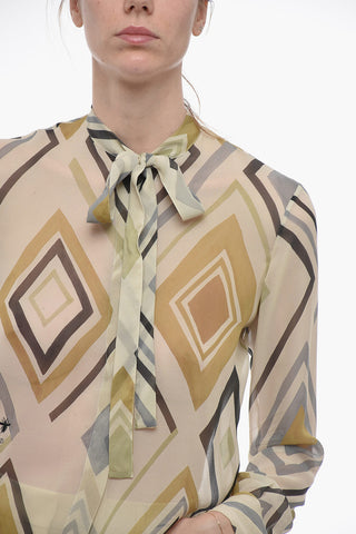 Camicia Tie Neck in Seta con Motivo Geometrico