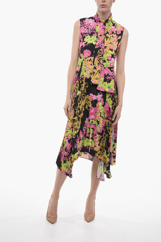 Tie Neck Floral Patterned Silk Shirt Dress with Accordion Skirt