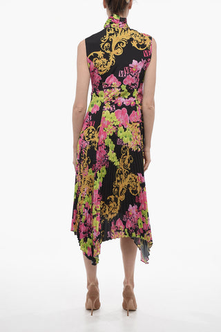 Tie Neck Floral Patterned Silk Shirt Dress with Accordion Skirt