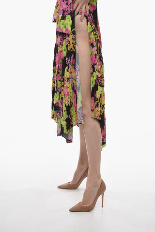 Tie Neck Floral Patterned Silk Shirt Dress with Accordion Skirt