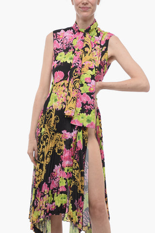 Tie Neck Floral Patterned Silk Shirt Dress with Accordion Skirt