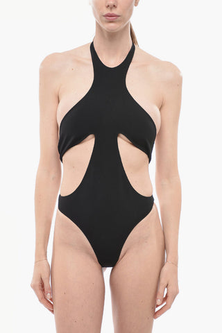 Solid Color Halterneck One-Piece Swimsuit with Cut-Out Details