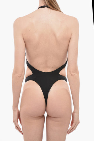 Solid Color Halterneck One-Piece Swimsuit with Cut-Out Details