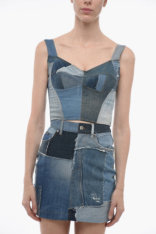 Patchwork Denim Crop Top with Sweetheart Neckline