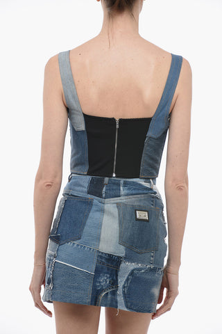 Patchwork Denim Crop Top with Sweetheart Neckline
