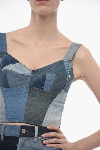 Patchwork Denim Crop Top with Sweetheart Neckline