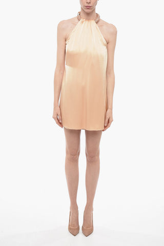 Halter Neck Satin Minidress with Jeweled Neckline