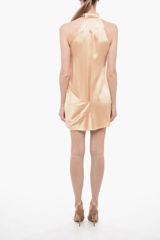 Halter Neck Satin Minidress with Jeweled Neckline