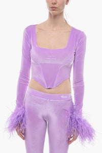 Bustier-Top aus Chenille mit Federbesatz am Ärmel