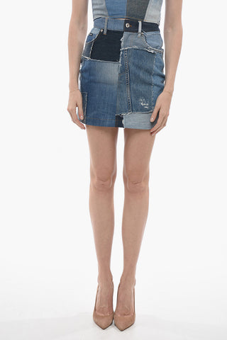 Patchwork Denim Miniskirt with Belt Loops
