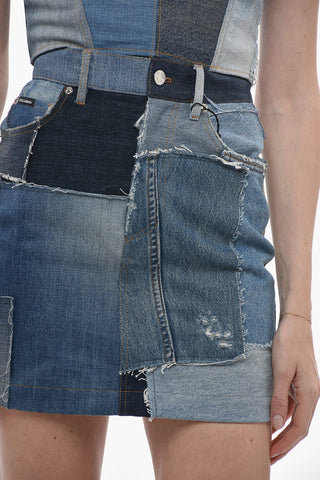 Patchwork Denim Miniskirt with Belt Loops