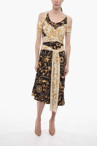 WHITE LINE Flared Dress with Golden-Print and Belt