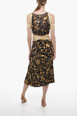 WHITE LINE Flared Dress with Golden-Print and Belt