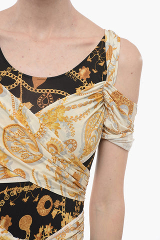 WHITE LINE Flared Dress with Golden-Print and Belt
