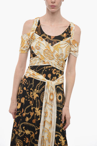 WHITE LINE Flared Dress with Golden-Print and Belt