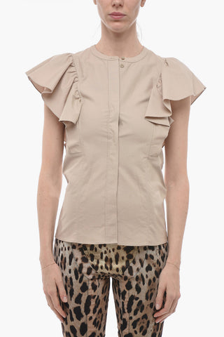 Ruffled Sleeve Cotton Shirt with Concealed Closure