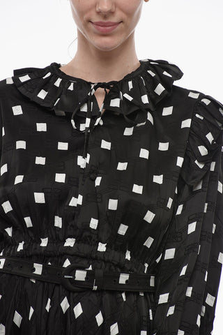 Polka Dot Patterned Satin Shirt Dress with Ruffled Details