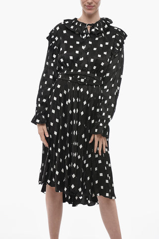 Polka Dot Patterned Satin Shirt Dress with Ruffled Details