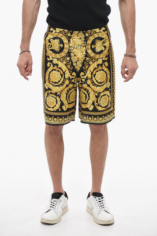 Baroque Patterned Silk Shorts with Elastic Waistband