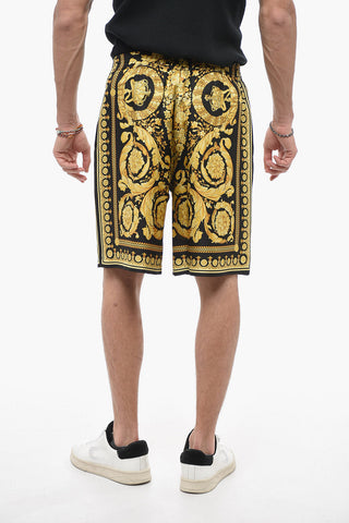 Baroque Patterned Silk Shorts with Elastic Waistband