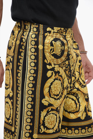 Baroque Patterned Silk Shorts with Elastic Waistband