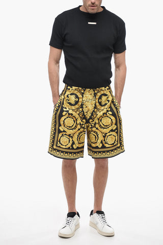 Baroque Patterned Silk Shorts with Elastic Waistband
