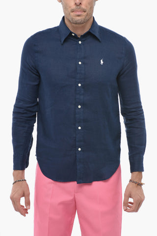 Camicia in Lino Relaxed Fit con Logo Ricamato