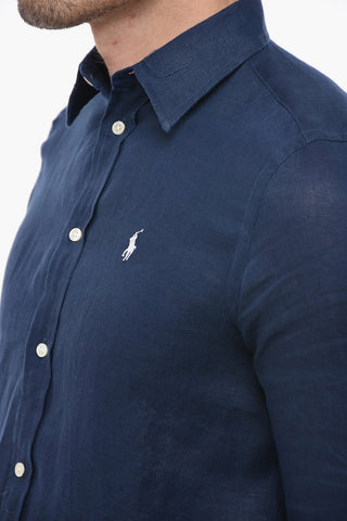 Camicia in Lino Relaxed Fit con Logo Ricamato